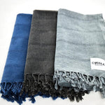Ozoola Turkish beach towels in charcoal, blue and grey stonewash
