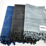 Ozoola Turkish beach towels in charcoal, blue and grey stonewash